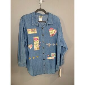 Teddi Denim Country Women 1X Blue Floral Heart Postcard Button Down Shirt NWT